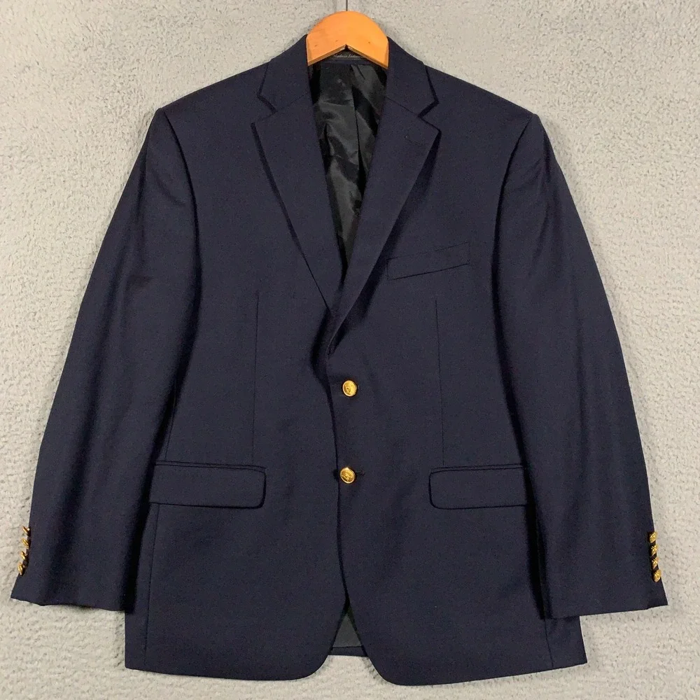 Lauren Ralph Lauren Wool Blazer Mens 40S Navy Blue Gold Crest Button Sport Coat
